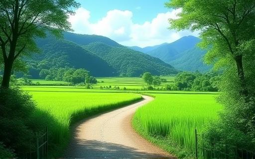 A tranquil view of the ancient Yamanobe-no-michi trail surrounded by lush greenery.
